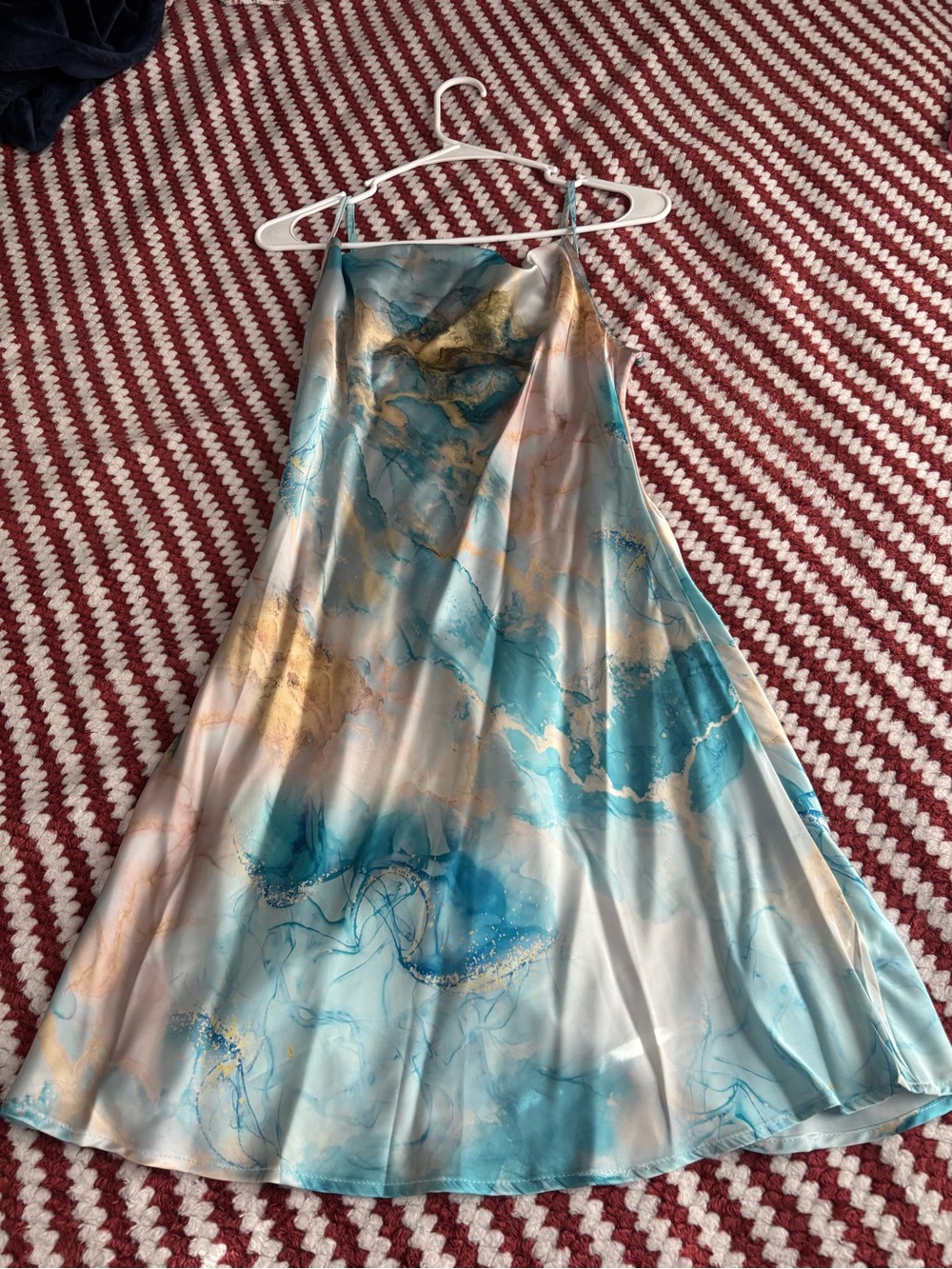 SHEIN Teal Blue Marble Satin Slip Dress with Gold Accents